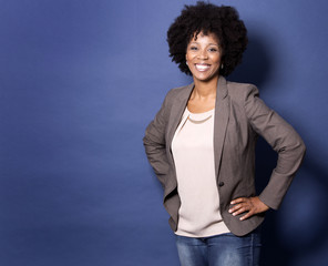 black casual woman on blue background