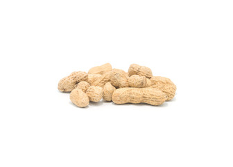 Dried peanuts in closeup on white background.