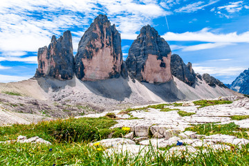 The Tre Cime di Lavaredo ( three peaks of Lavaredo) in the Italian Dolomites