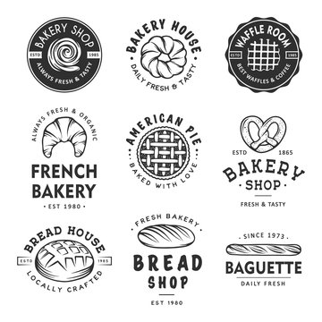 Set of vintage style bakery shop labels, badges, emblems and logo. Vector illustration. Monochrome graphic art with engraved design elements. Collection of linear graphic on white background.