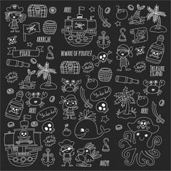 Pirate adventures Pirate party Kindergarten pirate party for children Adventure, treasure, pirates, octopus, whale, ship Kids drawing vector pattern