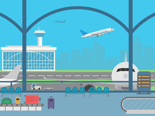 Airport terminal. Field with airplanes and flying airplane