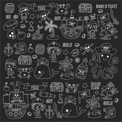 Pirate adventures Pirate party Kindergarten pirate party for children Adventure, treasure, pirates, octopus, whale, ship Kids drawing vector pattern