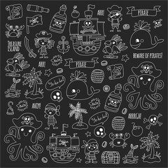 Pirate adventures Pirate party Kindergarten pirate party for children Adventure, treasure, pirates, octopus, whale, ship Kids drawing vector pattern