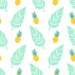 Tropical trendy seamless pattern with pineapples and mint green palm leaves on white background. Exotic Hawaii art background. Fashion design for fabric, wallpaper, textile and decor.