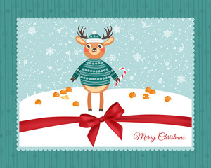 Happy New Year and Merry Christmas. Lovely postcard with a reindeer