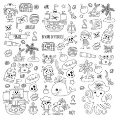 Pirate adventures Pirate party Kindergarten pirate party for children Adventure, treasure, pirates, octopus, whale, ship Kids drawing vector pattern
