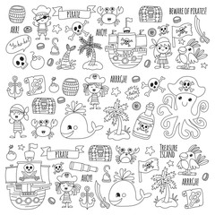 Pirate adventures Pirate party Kindergarten pirate party for children Adventure, treasure, pirates, octopus, whale, ship Kids drawing vector pattern