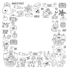 Obraz premium Pirate adventures Pirate party Kindergarten pirate party for children Adventure, treasure, pirates, octopus, whale, ship Kids drawing vector pattern