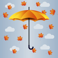 Bright orange umbrella on the background with orange leaves and gray clouds.