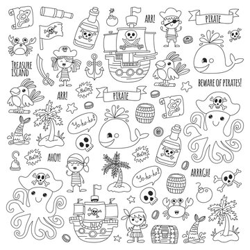 Pirate adventures Pirate party Kindergarten pirate party for children Adventure, treasure, pirates, octopus, whale, ship Kids drawing vector pattern