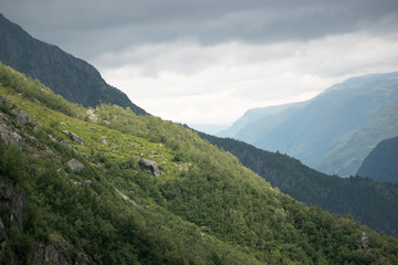 Fototapeta na wymiar Cloudy view on the narrowest fjord in Norway