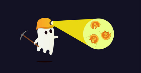 Ghost mining for cryptocurrency found Bitcoins with his flashlight and is ready to mine it with a pickaxe. Vector concept for mining bitcoin cryptocurrency