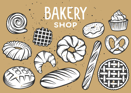 Set of vector bakery engraved elements. Typography design with bread, pastry, pie, buns, sweets, cupcake. Collection of modern linear graphic on white background. Bakery shop. Top view.