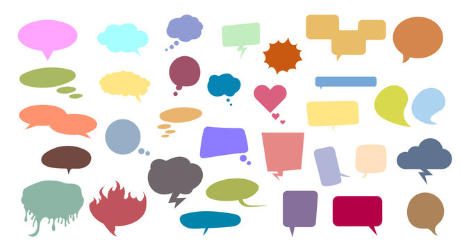 Flat colorful speech and thinking bubbles in all kinds of shapes. Vector illustration set