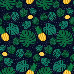 Tropical trendy seamless pattern with pineapples, lemons and green palm leaves on dark background. Exotic Hawaii art background. Fashion design for fabric, wallpaper, textile and decor.