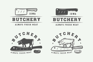 Set of vintage butchery meat, steak or bbq logos, emblems, badges, labels. Graphic Art. Vector Illustration.
