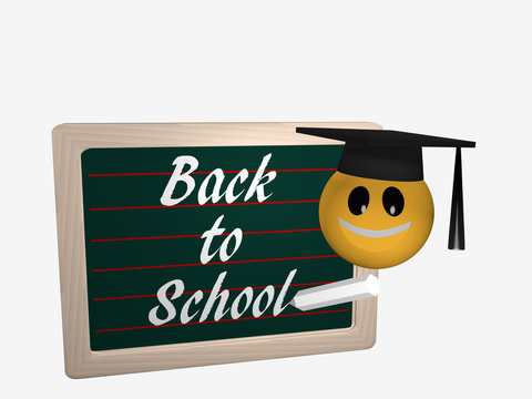 Tafel mit dem Text Back to School. Daneben ist ein Emoticon mit einem High School Hut.
