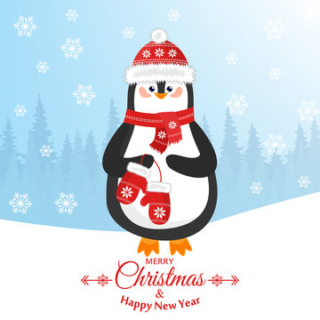 Merry christmas and a happy new year. Lovely postcard with a penguin in a hat