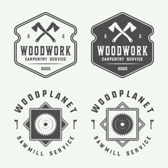 Set of vintage carpentry, woodwork and mechanic labels, badges, emblems and logo. Vector illustration. Monochrome Graphic Art.