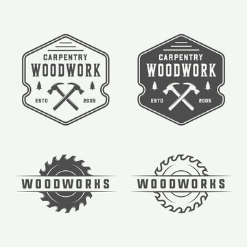 Set of vintage carpentry, woodwork and mechanic labels, badges, emblems and logo. Vector illustration. Monochrome Graphic Art.