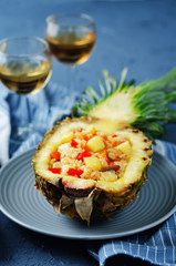 Bacon chicken pine apple vegetables fried rice in pineapples