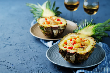 Bacon chicken pine apple vegetables fried rice in pineapples