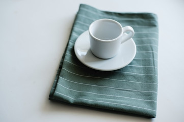 white mug, saucer, tea, coffee, napkin