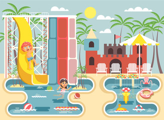 Vector illustration cartoon characters children, boy riding water slide and girl swimming pool frolicking or resting aqua park, water attractions, deckchairs under sun umbrella flat style