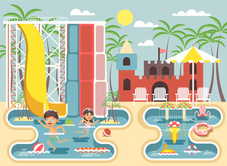 Vector illustration cartoon characters children, boy and girl swimming pool near water slide, frolicking or resting in aqua park, water attractions, deckchairs under sun umbrella flat style