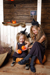 two little sisters in costumes of witches sitting on a pumpkin. The concept of Halloween