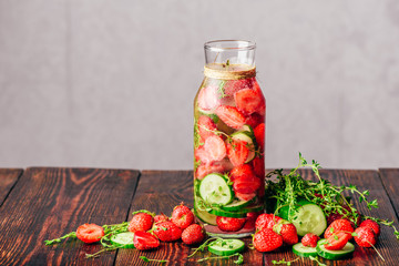Water Flavored with Strawberry, Cucumber and Thyme.