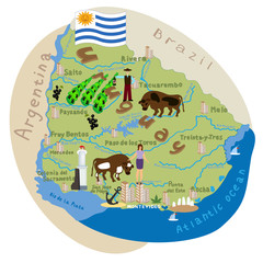 Uruguay. Vector cartoon illustration of the Uruguay map with the architecture doodle, attractions, landmark symbols. Vector illustration with all main symbols of the country. - 170888767