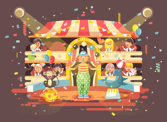 Vector illustration cartoon characters children, schoolboy, schoolgirl, boys and girls watching performance in interior of circus, show clown juggles on arena, perform trained animals flat style