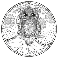 Mandala with owl. Design Zentangle. Hand drawn abstract patterns on isolation background. Design for spiritual relaxation for adults.  Black and white illustration for coloring. Zen art. Decorative