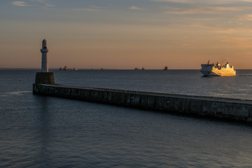 Ferry arrives at Aberdeen Harbour.
