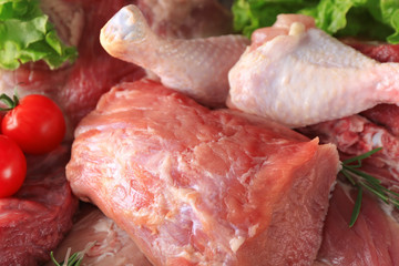 Pieces of different fresh meat, closeup