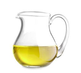 Pitcher with olive oil on white background