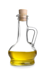 Pitcher with olive oil on white background