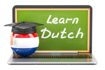 Learn Dutch concept with laptop blackboard, graduation cap and flag of Netherlands, 3D rendering