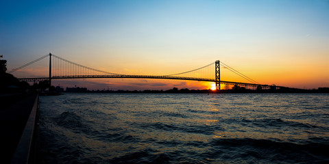 Panoramic view of Ambassador Bridge connecting Windsor, Ontario to Detroit Michigan