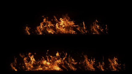 Eine Reihe von echtem Big-Shot-Feuer mit Partikeln auf schwarzem Hintergrund, horizontal brennenden Strahlen, Hochgeschwindigkeitsflamme isoliert, perfekt für Film, digitale Komposition.