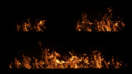 A set of real big shot fire in with particles on black background, horizontal burning beams, high speed flame isolated, perfect for film, digital composition.