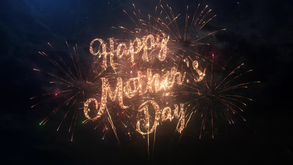 Happy Mother's Day greeting text with particles and sparks on black night sky with colored slow...