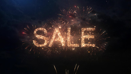 SALE greeting text with particles and sparks on black night sky with colored fireworks on...