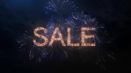 SALE greeting text with particles and sparks on black night sky with colored fireworks on background, beautiful typography magic design.