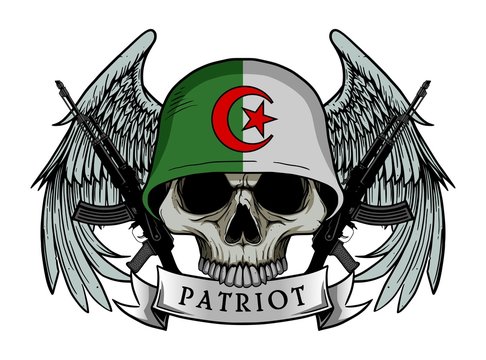 Military skull or patriot skull with ALGERIA flag Helmet and Wings Background and ak47 Gun