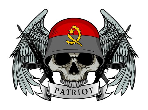 Military skull or patriot skull with ANGOLA flag Helmet and Wings Background and ak47 Gun