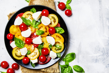 Salad with red, yellow, orange tomatoes, mozzarella, and green basil, gray background, top view