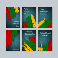 Lithuania Patriotic Cards for National Day. Expressive Brush Stroke in National Flag Colors on dark striped background. Lithuania Patriotic Vector Greeting Card.